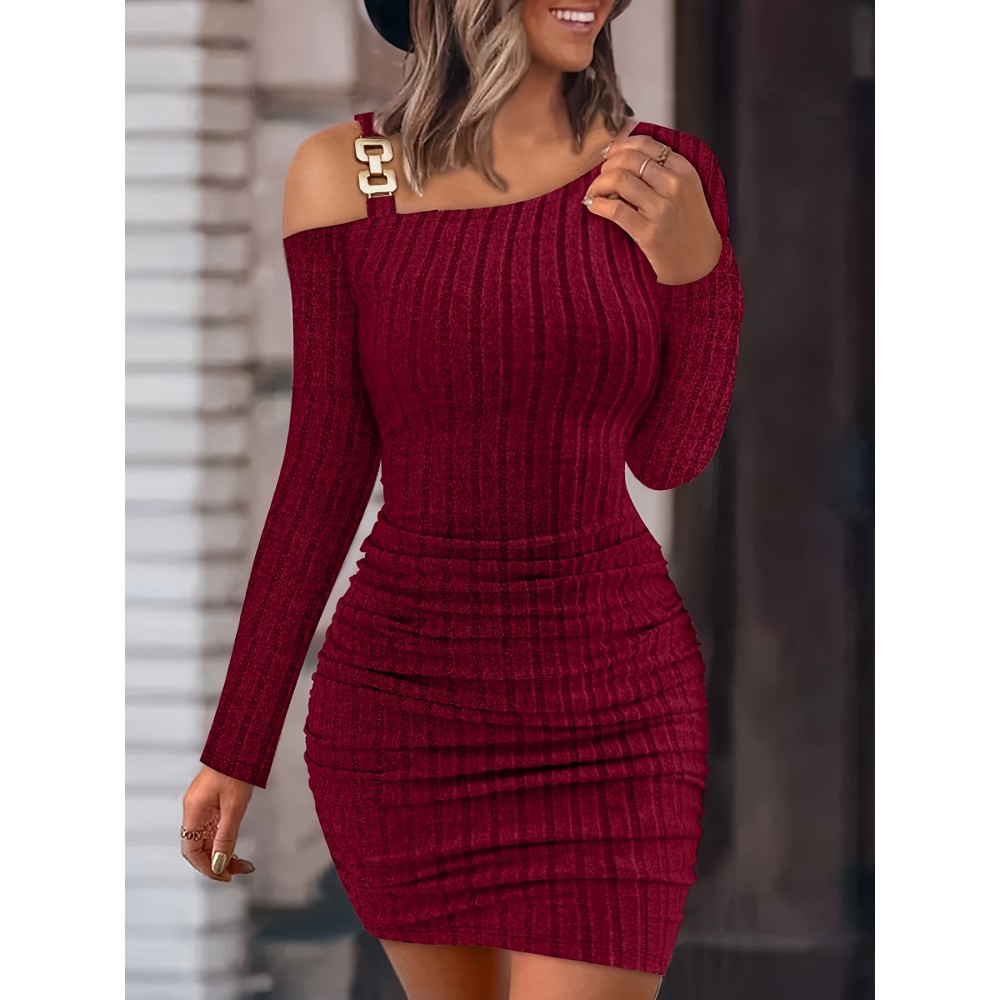 Ribbed Slanted Shoulder Dress, Party Wear Solid Long Sleeve Mini Dress, Women's Clothing