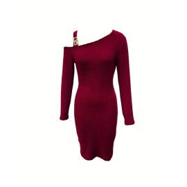 Ribbed Slanted Shoulder Dress, Party Wear Solid Long Sleeve Mini Dress, Women's Clothing