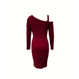 Ribbed Slanted Shoulder Dress, Party Wear Solid Long Sleeve Mini Dress, Women's Clothing