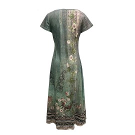 Floral Print Maxi Dress, Vintage V Neck Short Sleeve Dress, Women's Clothing