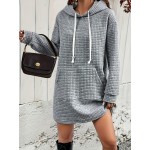 Textured Drawstring Dress, Casual Hooded Long Sleeve Kangaroo Pocket Dress, Women's Clothing