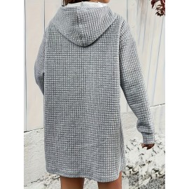 Textured Drawstring Dress, Casual Hooded Long Sleeve Kangaroo Pocket Dress, Women's Clothing