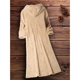 Fuzzy Hooded Midi Dress, Casual Pocket Front Solid Long Sleeve Dress, Women's Clothing