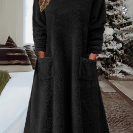 Fuzzy Hooded Midi Dress, Casual Pocket Front Solid Long Sleeve Dress, Women's Clothing