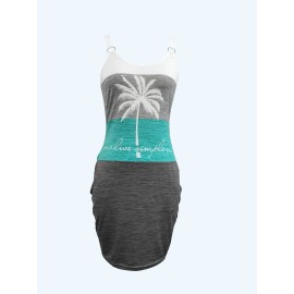 Coconut Tree Print Dress, Vacation Ring Linked Sleeveless Color Block Dress, Women's Clothing