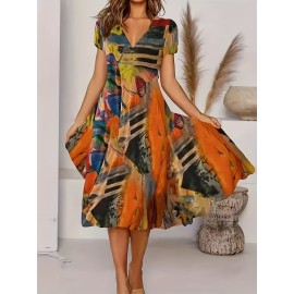Short Sleeve V Neck Dress, Bohemian Casual Dress For Summer & Spring, Women's Clothing
