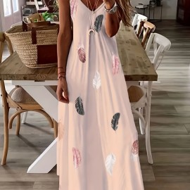 Feather Print Maxi Dress, Casual V Neck Spaghetti Strap Random Printing Dress, Women's Clothing