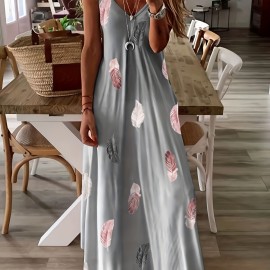 Feather Print Maxi Dress, Casual V Neck Spaghetti Strap Random Printing Dress, Women's Clothing