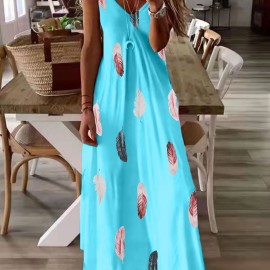 Feather Print Maxi Dress, Casual V Neck Spaghetti Strap Random Printing Dress, Women's Clothing