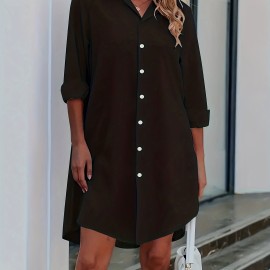 Button Front Shirt Dress, Sexy 3/4 Sleeve Solid Turn Down Collar Dress, Women's Clothing