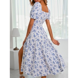 Floral Print Puff Sleeve Ruched Dress, Casual Square Neck Split Hem Dress For Spring & Summer, Women's Clothing