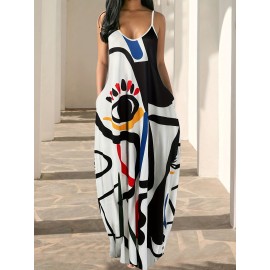 Abstract Oil Painting Print Dress, Casual Sleeveless Summer Maxi Spaghetti Dress, Women's Clothing