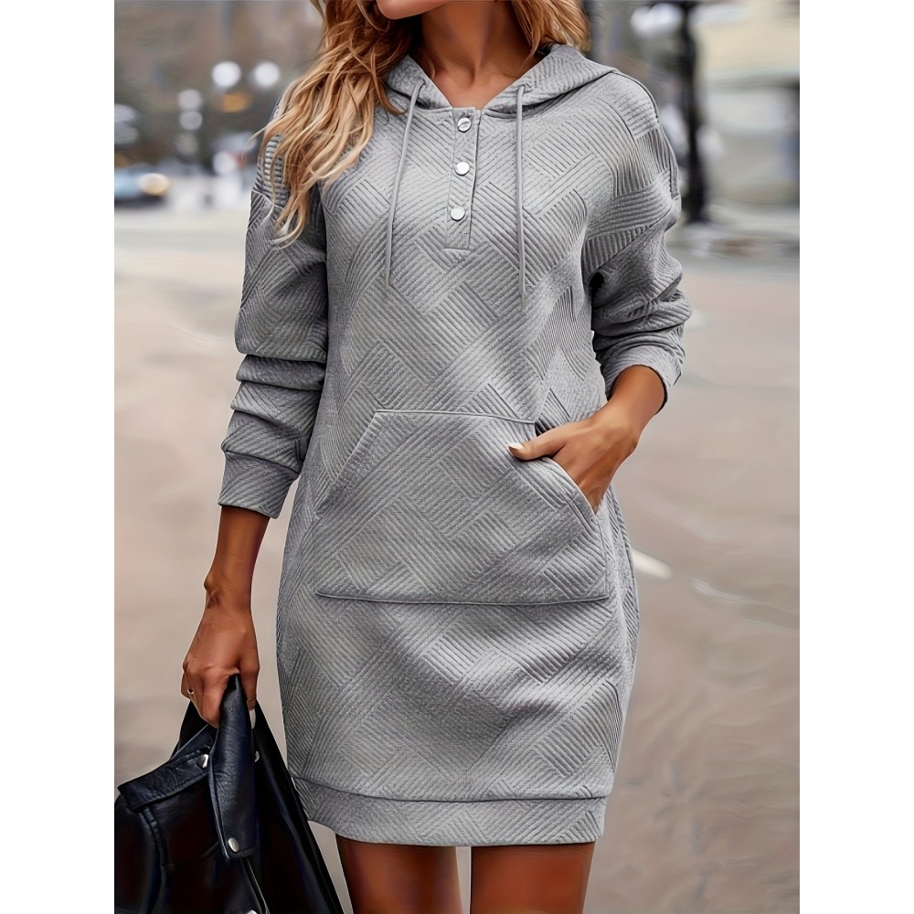 Pocket Front Hooded Dress, Casual Drawstring Long Sleeve Solid Dress, Women's Clothing
