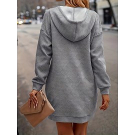 Pocket Front Hooded Dress, Casual Drawstring Long Sleeve Solid Dress, Women's Clothing