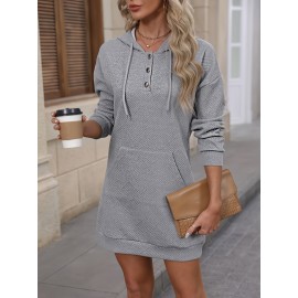 Pocket Front Hooded Dress, Casual Drawstring Long Sleeve Solid Dress, Women's Clothing