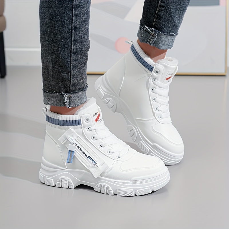 womens solid color lined boots lace up side zipper fluffy warm platform casual boots lightweight winter comfy shoes details 0