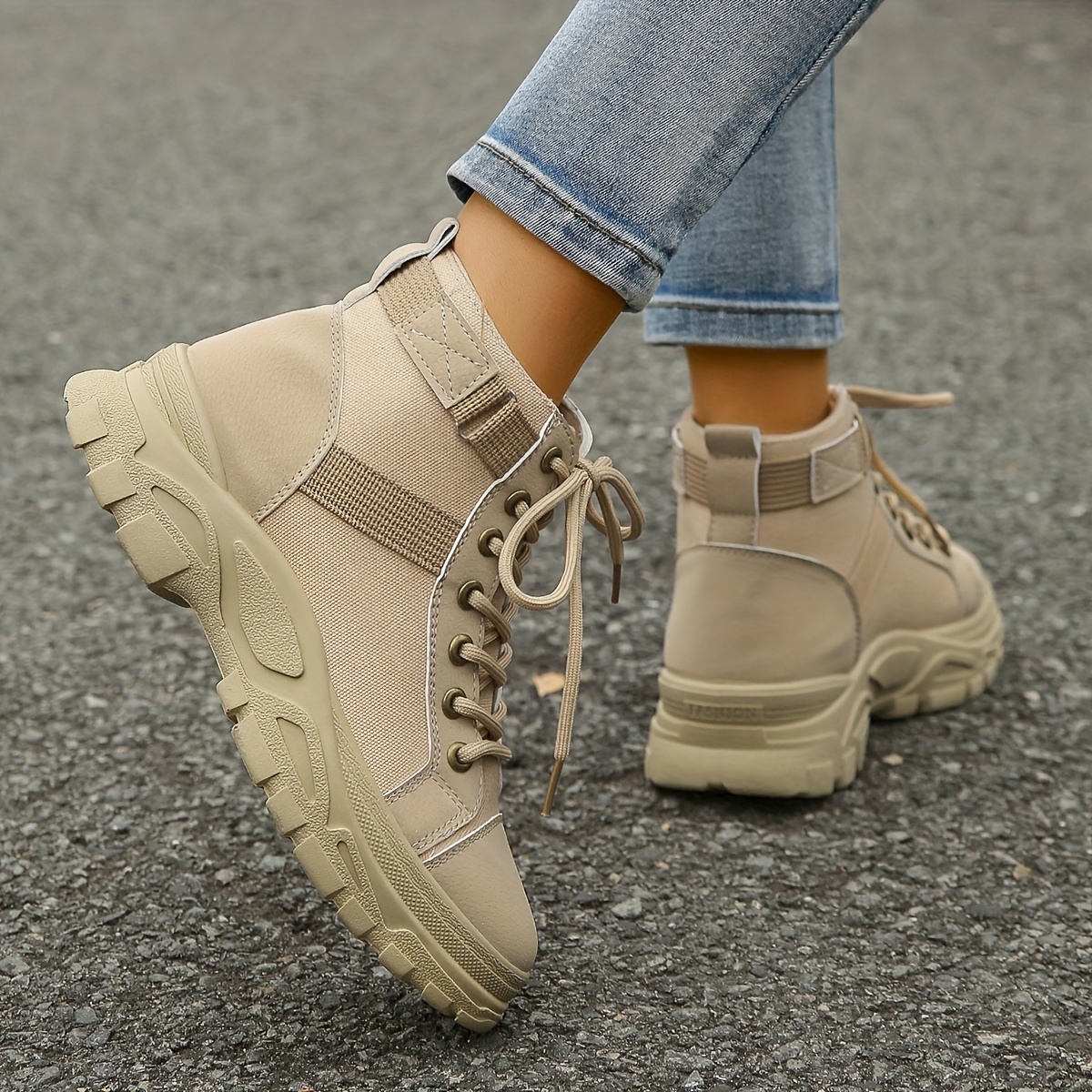 womens solid color hiking sneakers lace up soft sole platform non slip shoes versatile high top climbing shoes details 4