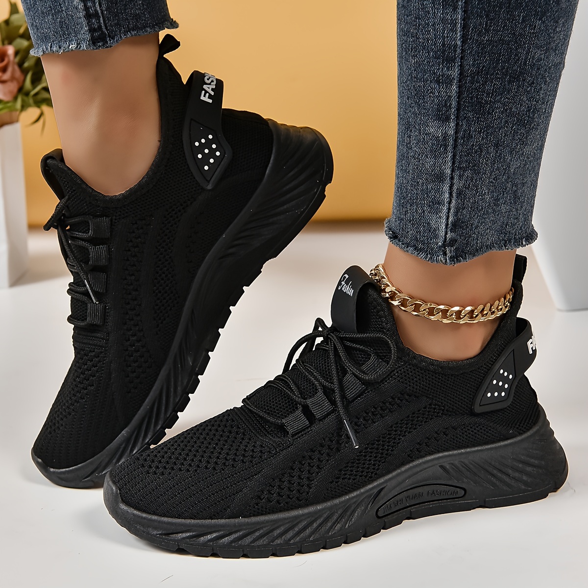 womens knitted sports shoes lightweight lace up low top running tennis sneakers breathable gym trainers details 3