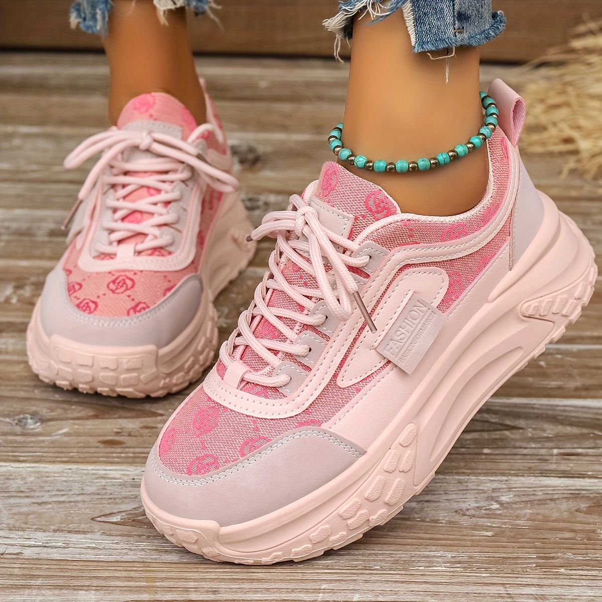 Women s Floral Pattern Sneakers, Lace Up Soft Sole Platform Casual Shoes, Low-top Walking Shoes details 5