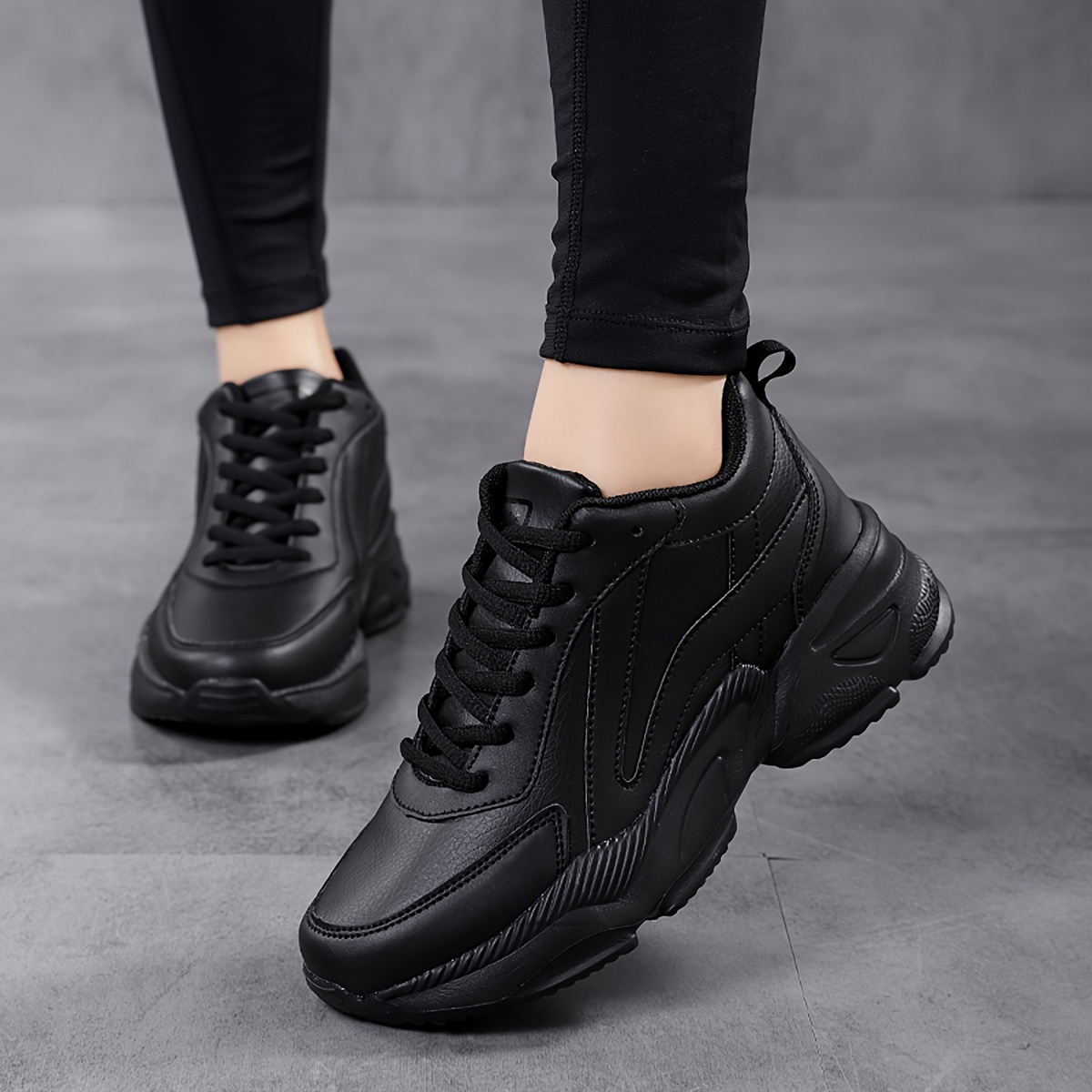 womens casual chunky sneakers lace up pu leather low top sports shoes all match running trainers details 0