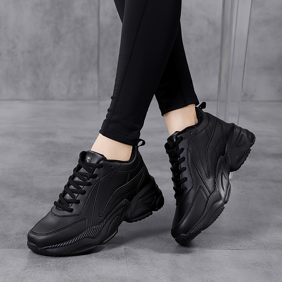 womens casual chunky sneakers lace up pu leather low top sports shoes all match running trainers details 1