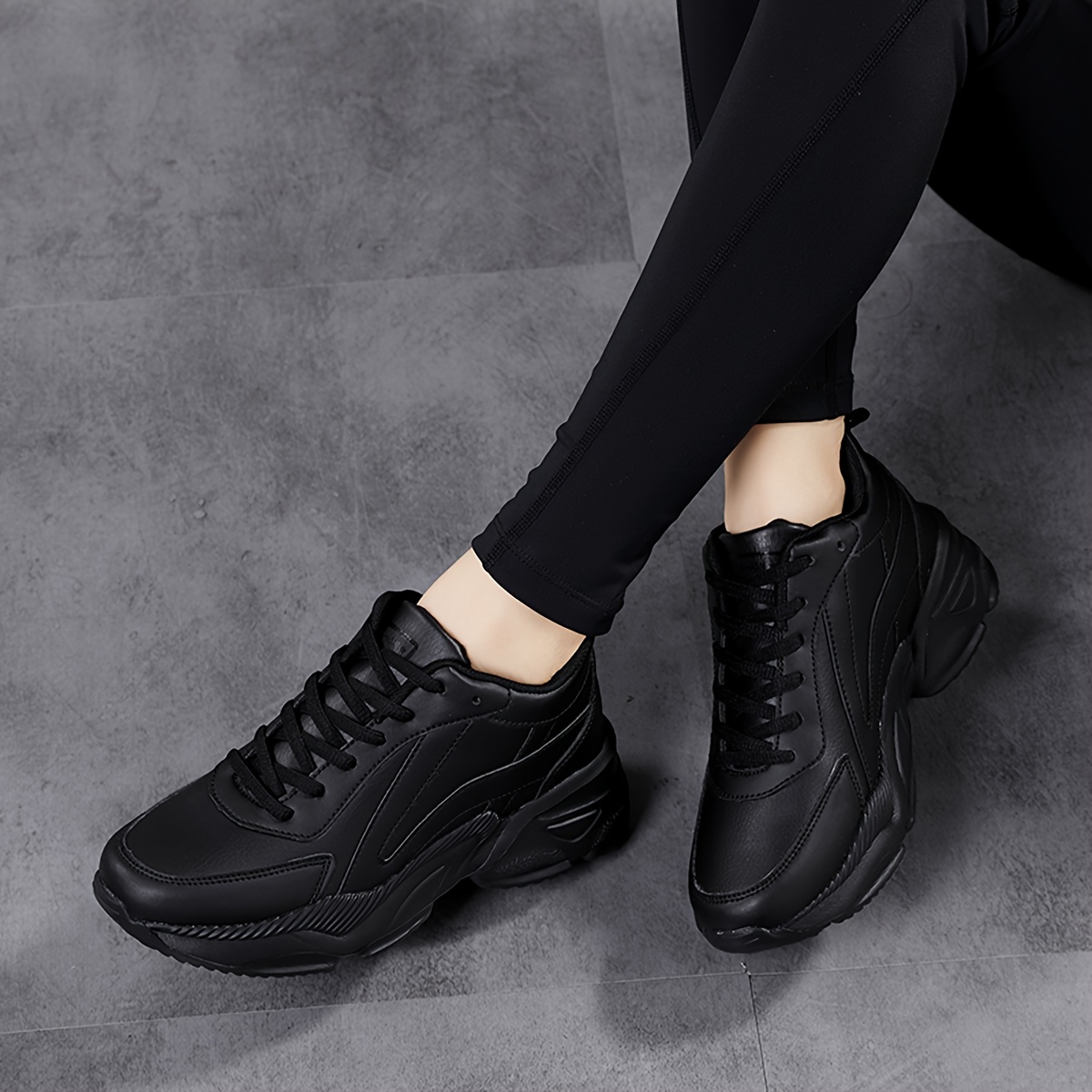 womens casual chunky sneakers lace up pu leather low top sports shoes all match running trainers details 3