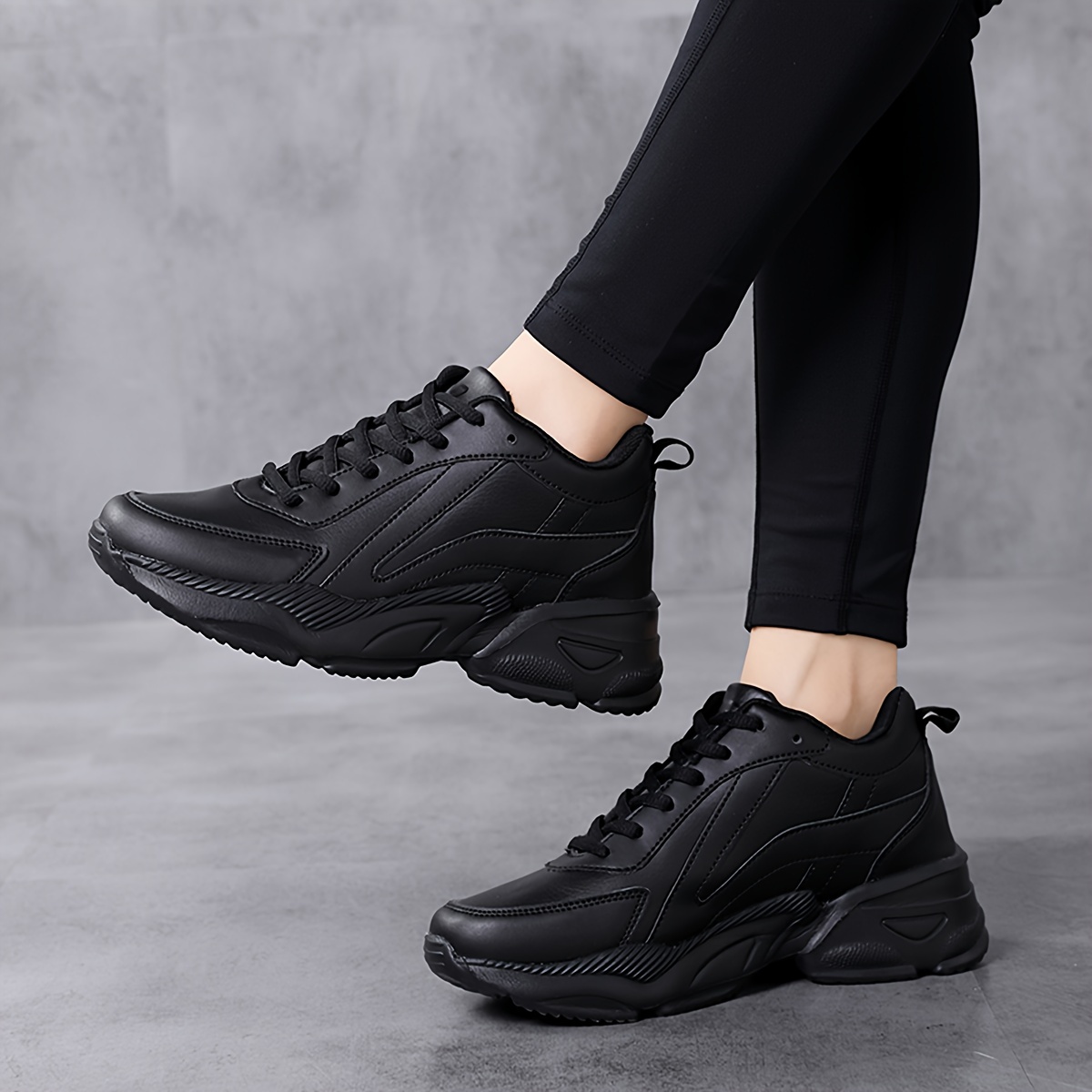 womens casual chunky sneakers lace up pu leather low top sports shoes all match running trainers details 4