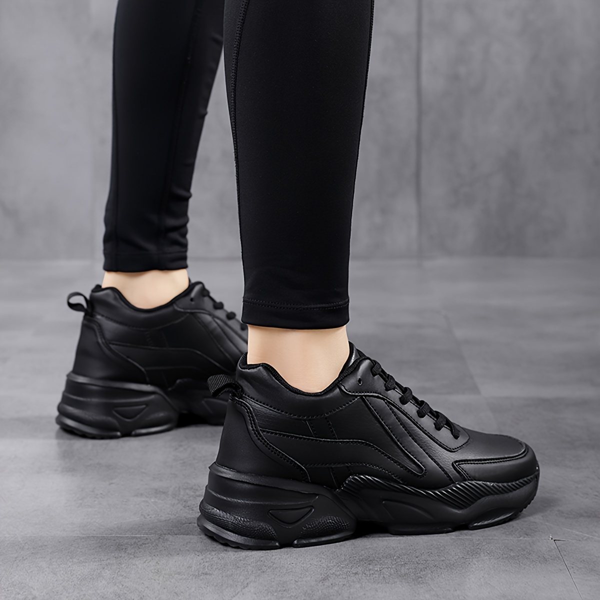 womens casual chunky sneakers lace up pu leather low top sports shoes all match running trainers details 6