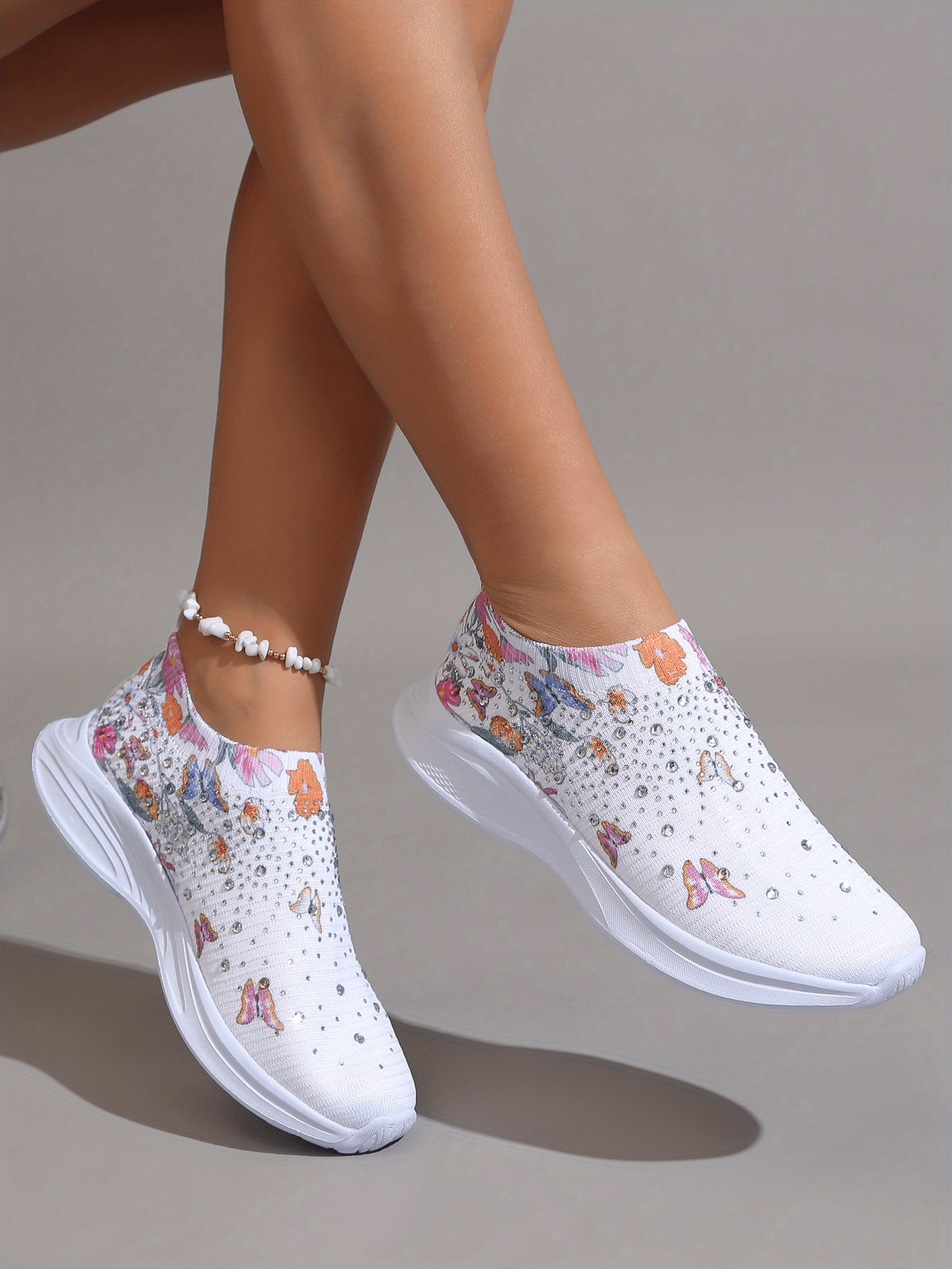 womens rhinestone decor sneakers floral butterfly print slip on shoes breathable knit running shoes details 0