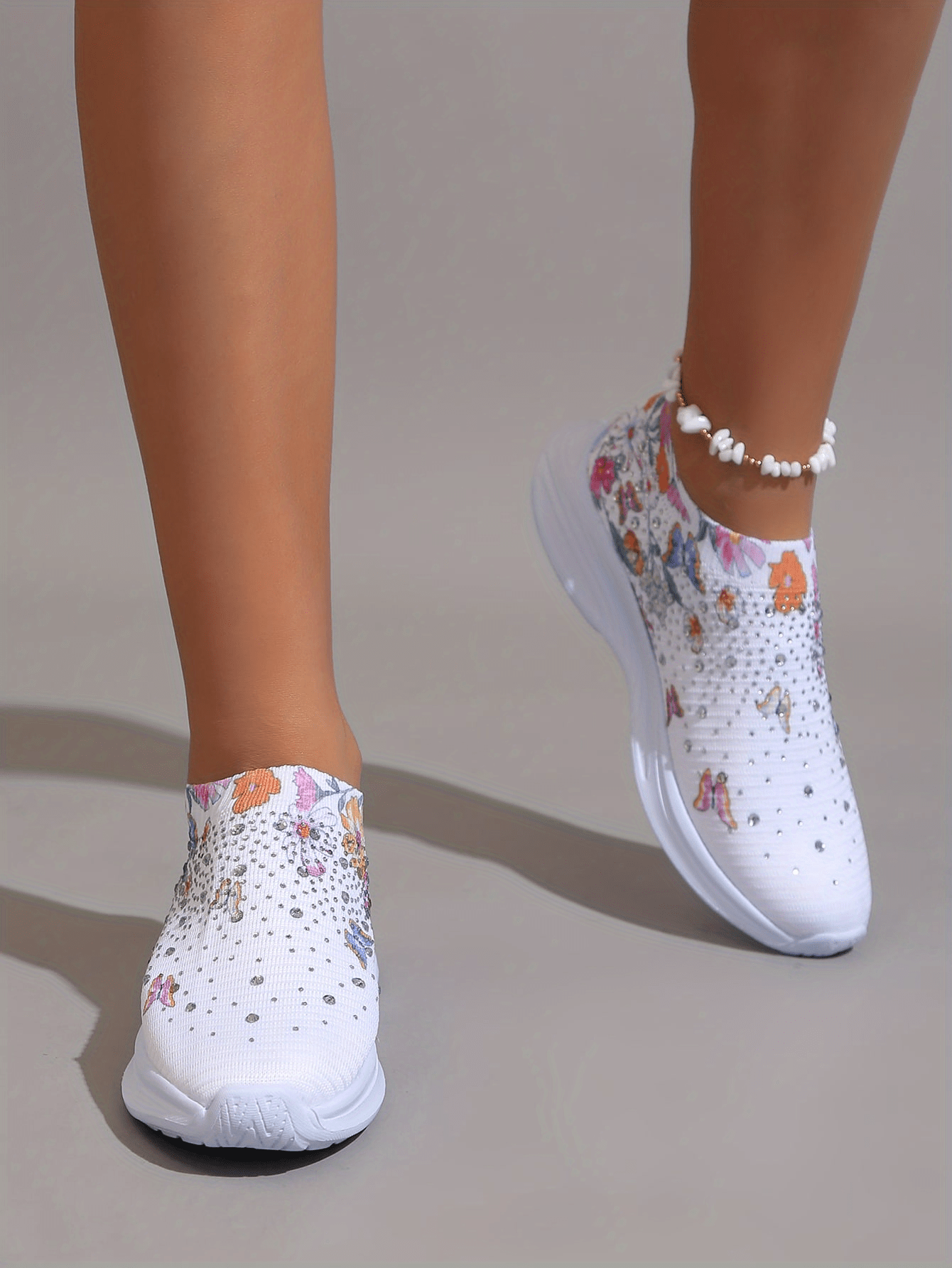 womens rhinestone decor sneakers floral butterfly print slip on shoes breathable knit running shoes details 3