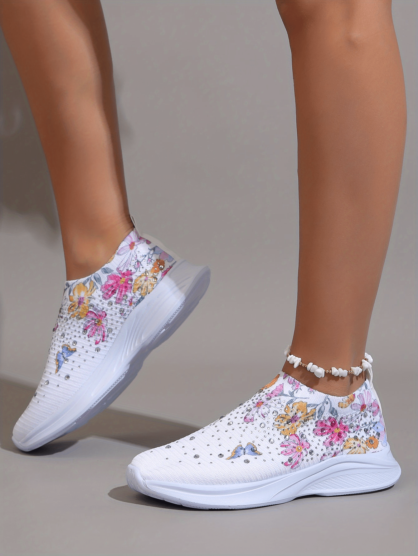 womens rhinestone decor sneakers floral butterfly print slip on shoes breathable knit running shoes details 4