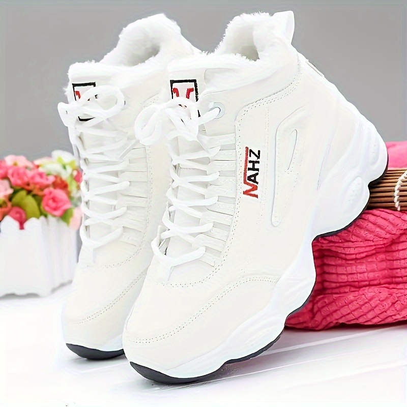 womens fleece lining casual sneakers lace up soft sole platform letter print shoes winter warm high top lightweight shoes details 4