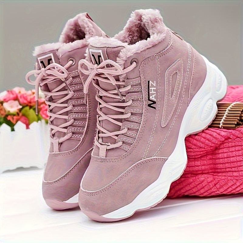 womens fleece lining casual sneakers lace up soft sole platform letter print shoes winter warm high top lightweight shoes details 5