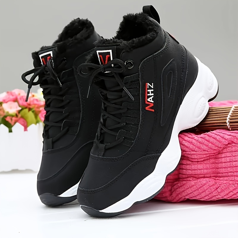 womens fleece lining casual sneakers lace up soft sole platform letter print shoes winter warm high top lightweight shoes details 6