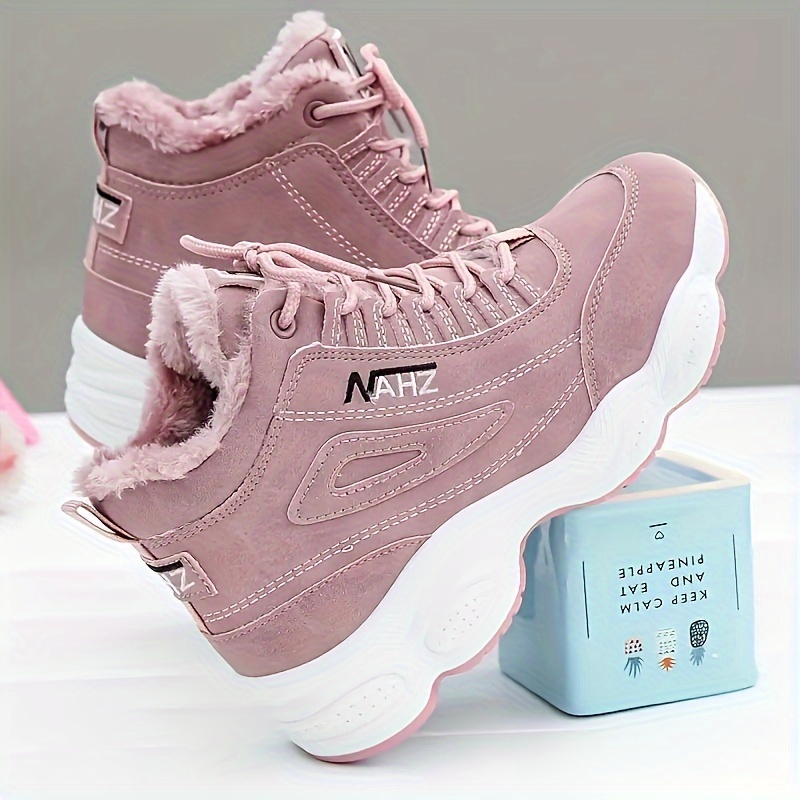 womens fleece lining casual sneakers lace up soft sole platform letter print shoes winter warm high top lightweight shoes details 8