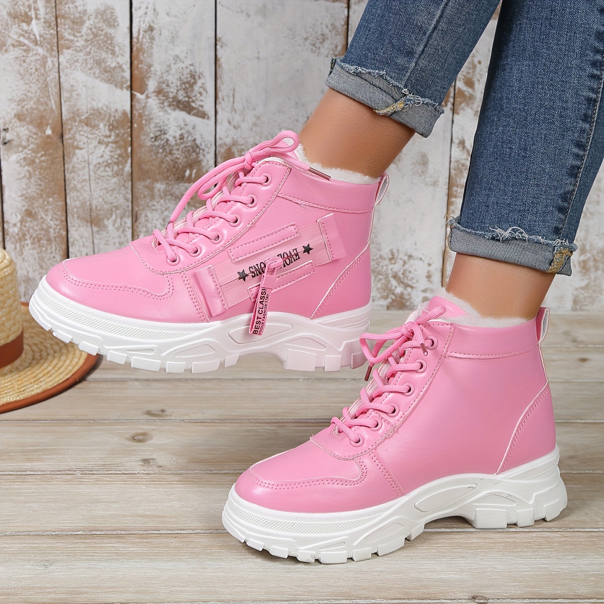 womens winter high top sneakers casual lace up plush lined boots comfortable side zipper short boots details 2