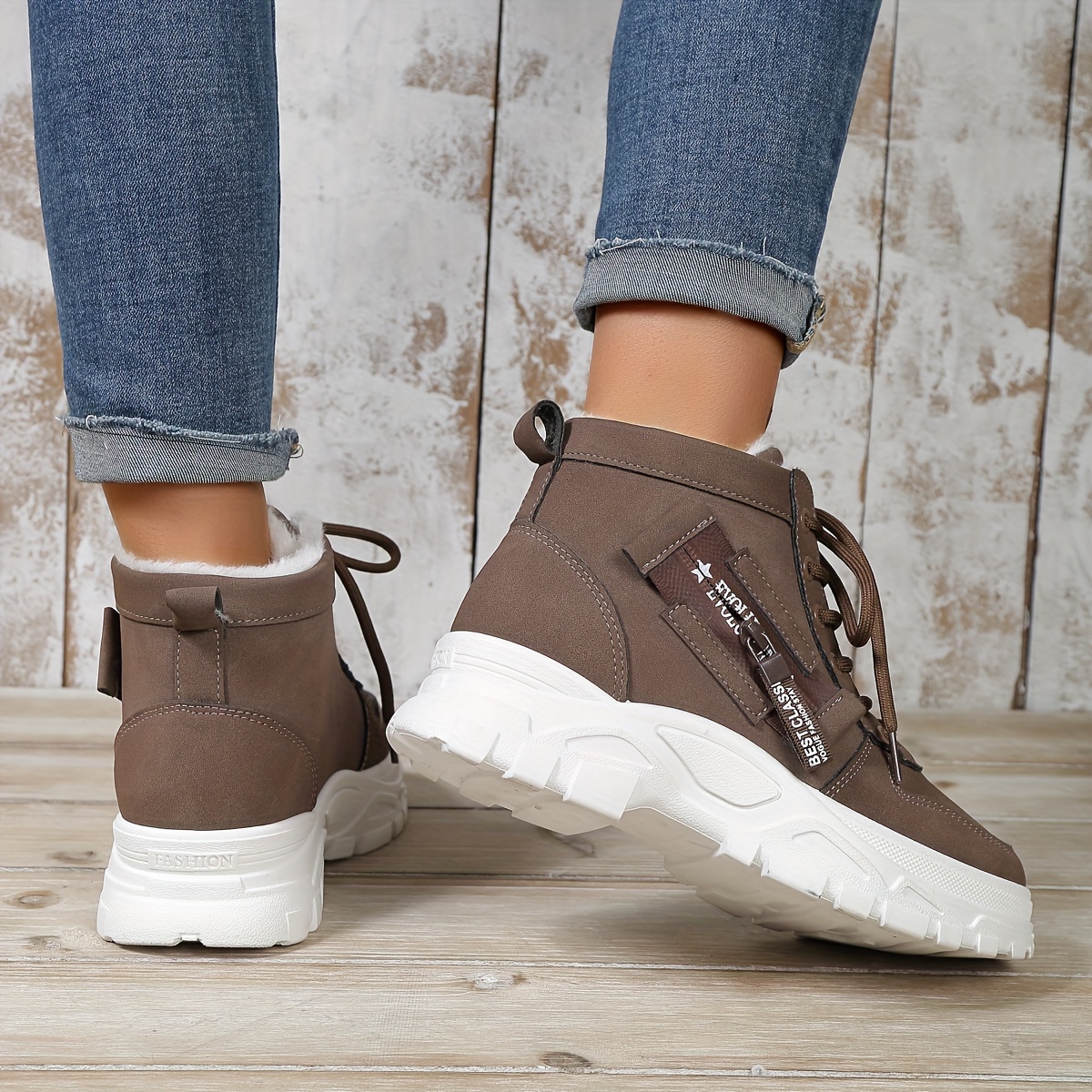 womens winter high top sneakers casual lace up plush lined boots comfortable side zipper short boots details 4