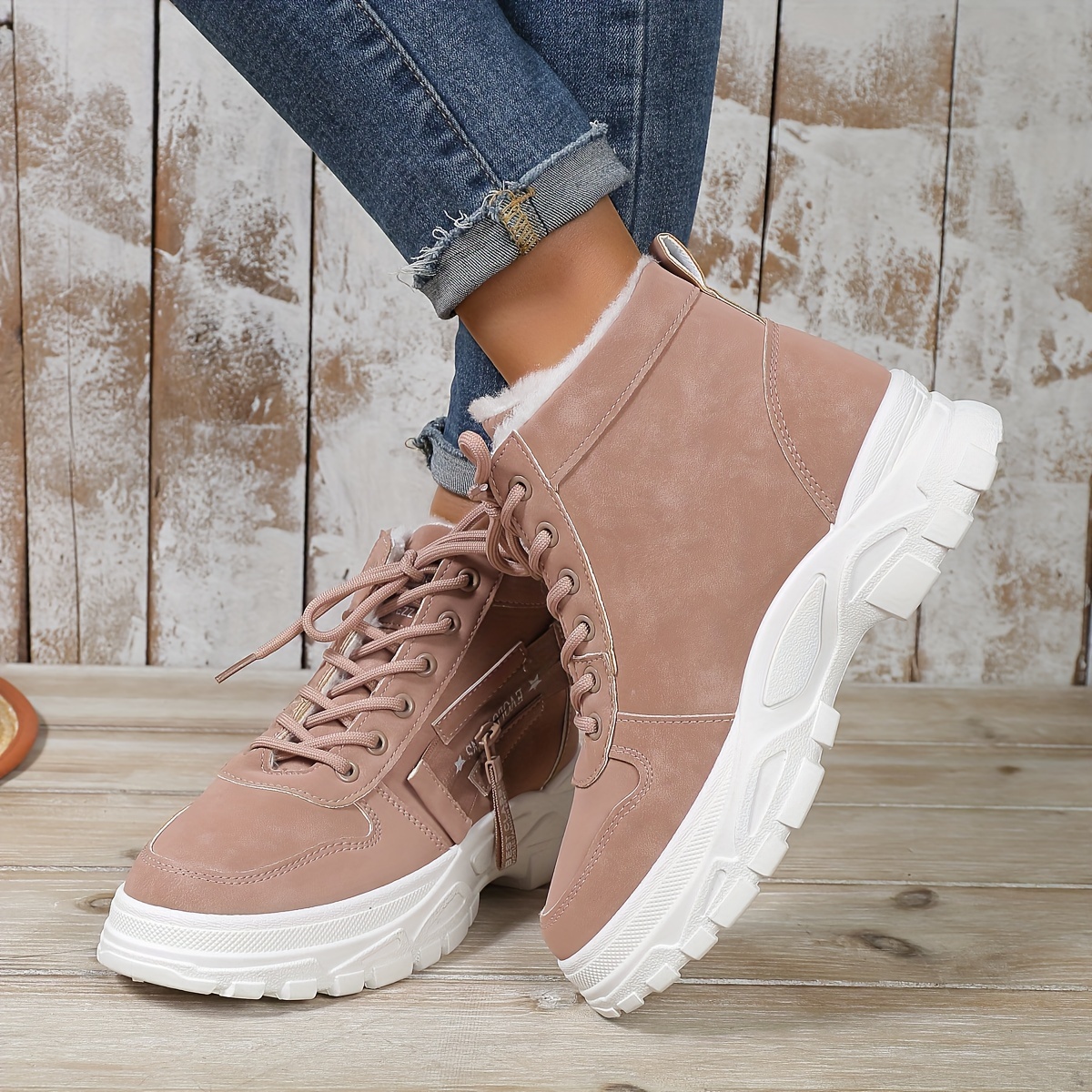womens winter high top sneakers casual lace up plush lined boots comfortable side zipper short boots details 5