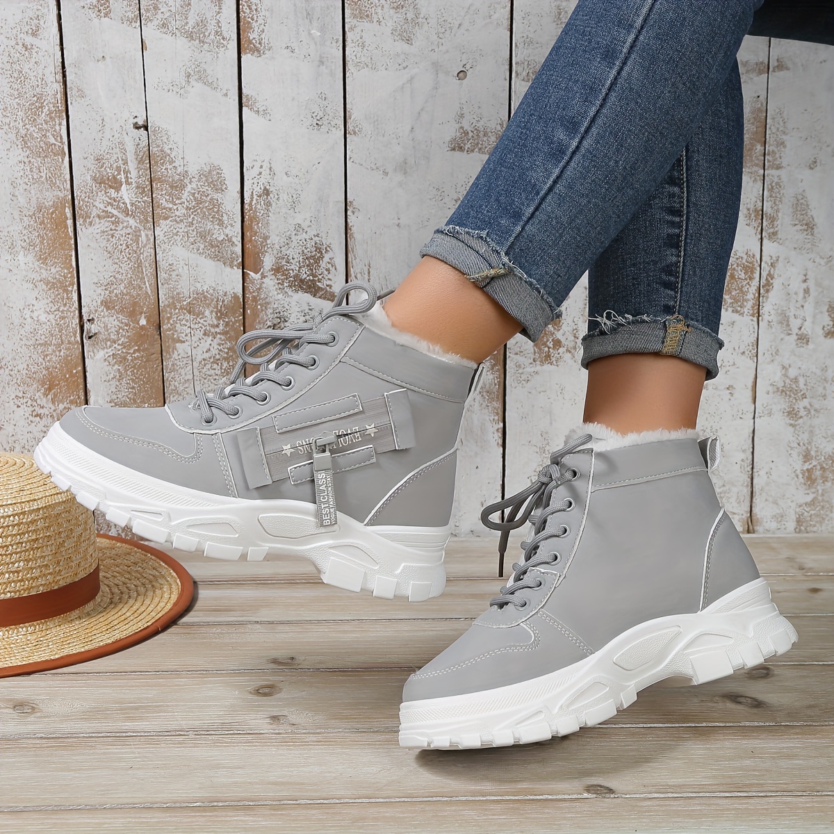 womens winter high top sneakers casual lace up plush lined boots comfortable side zipper short boots details 6