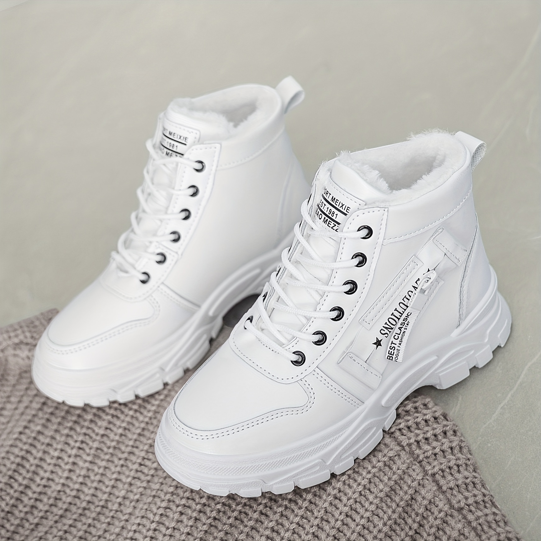 womens winter high top sneakers casual lace up plush lined boots comfortable side zipper short boots details 7