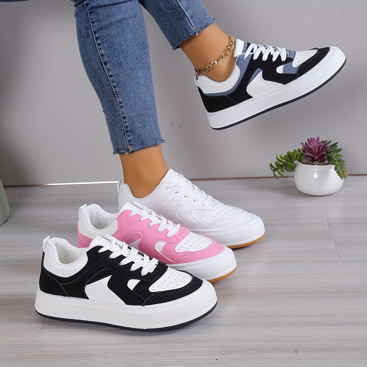 womens colorblock skate shoes versatile low top lace up sports shoes casual flat sneakers details 1