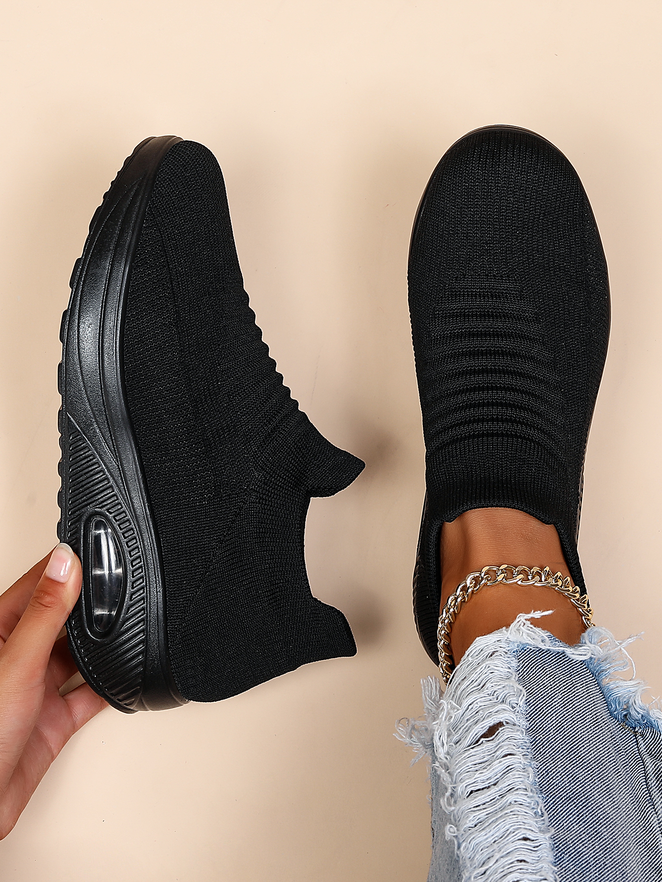 womens breathable knit sneakers lightweight low top slip on shoes womens fashion air cushion shoes details 1