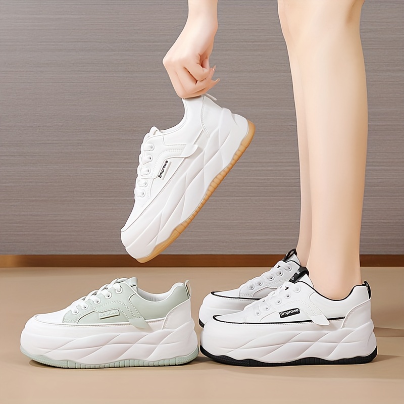 womens solid color casual sneakers lace up soft sole platform skate shoes versatile low top walking shoes details 0