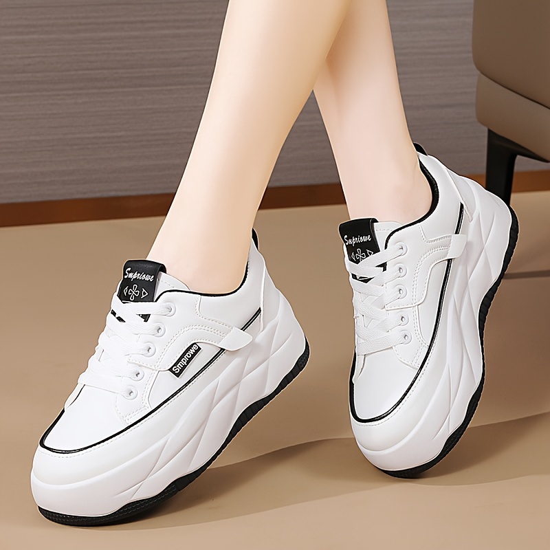womens solid color casual sneakers lace up soft sole platform skate shoes versatile low top walking shoes details 2