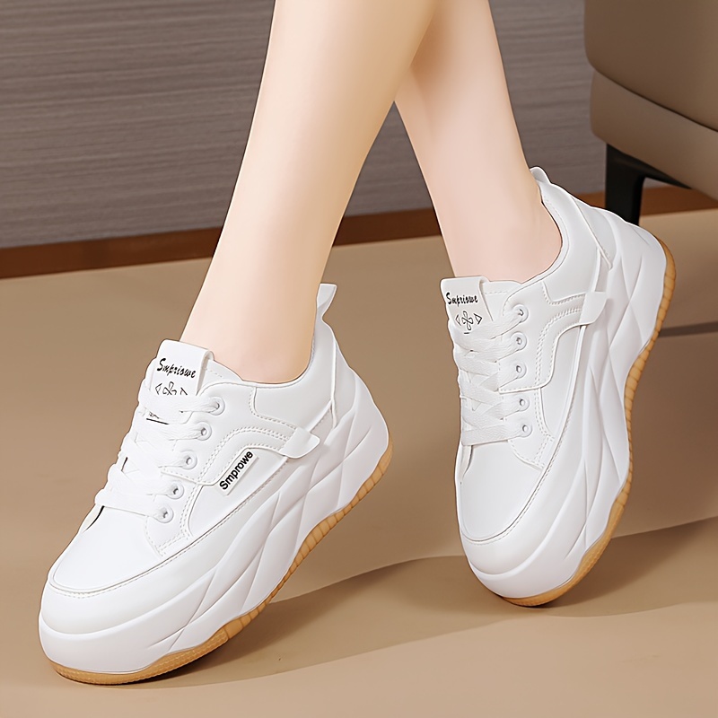 womens solid color casual sneakers lace up soft sole platform skate shoes versatile low top walking shoes details 3