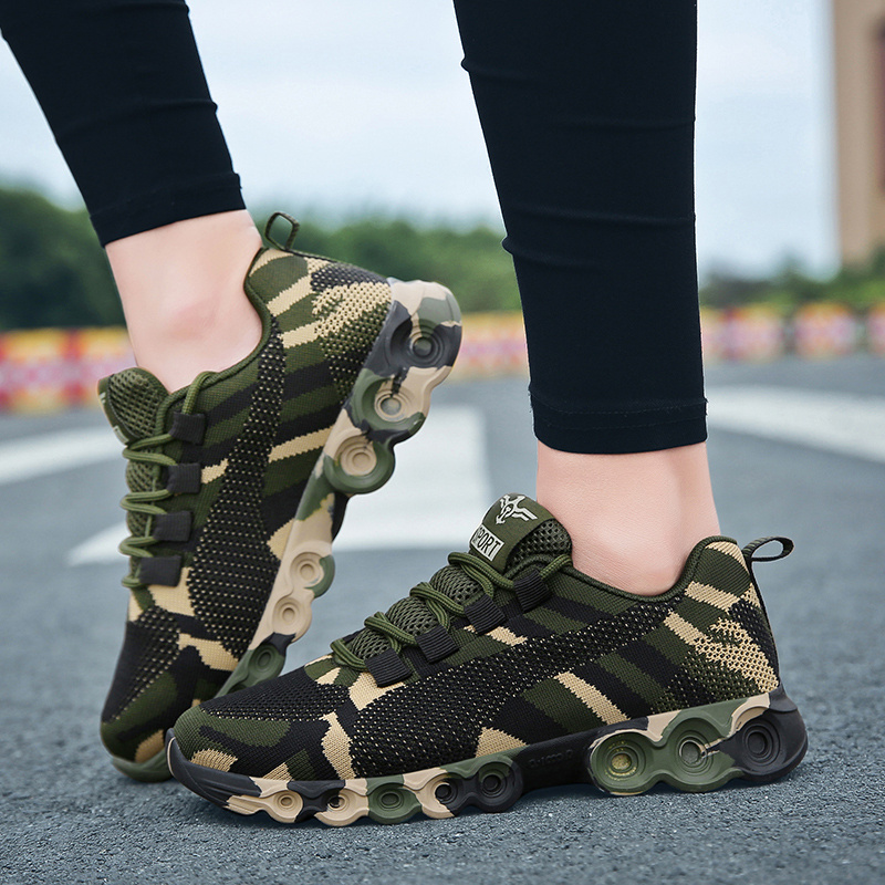 womens camouflage pattern running shoes breathable knit lace up sneakers outdoor non slip rubber sole sports shoes details 0