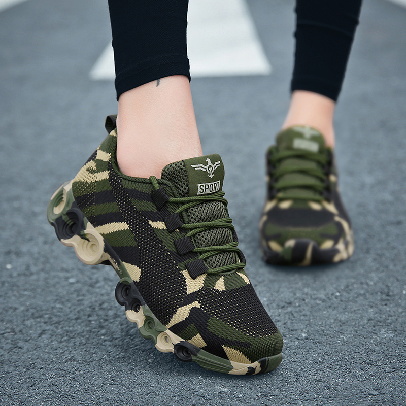 womens camouflage pattern running shoes breathable knit lace up sneakers outdoor non slip rubber sole sports shoes details 1