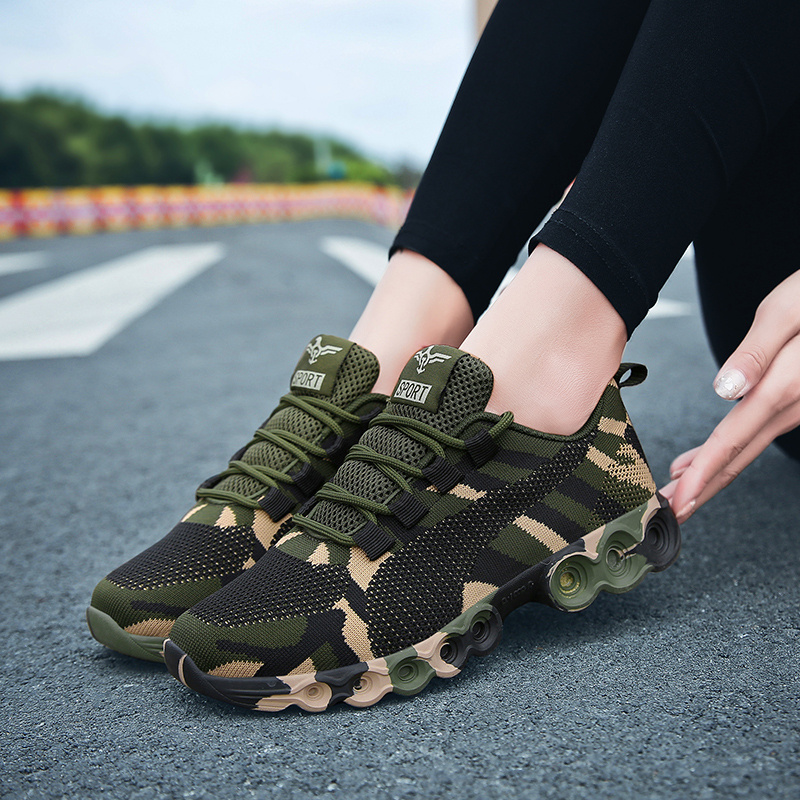 womens camouflage pattern running shoes breathable knit lace up sneakers outdoor non slip rubber sole sports shoes details 3