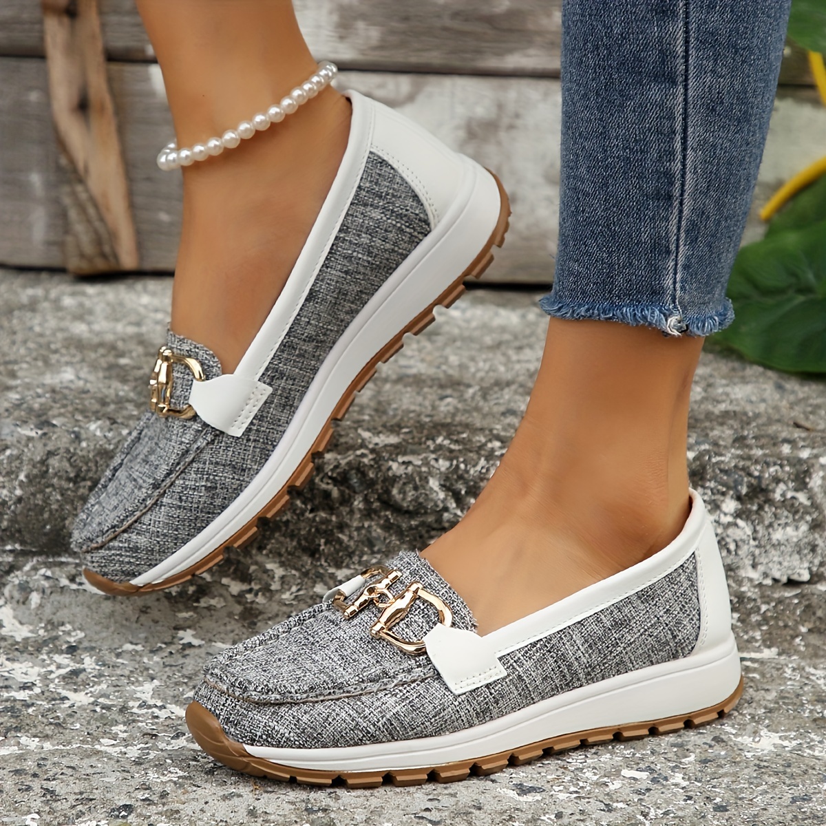 womens metallic chain decor shoes casual low top slip on flat shoes all match walking shoes details 8