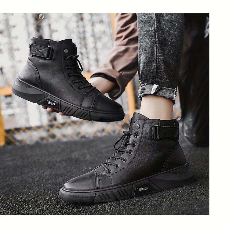 mens solid casual ankle boots breathable slip resistant lace up walking shoes for outdoor spring autumn and winter details 3